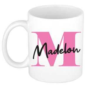 Naam mok Madelon - roze - wit - keramiek - 300 ml - verjaardag/cadeau beker