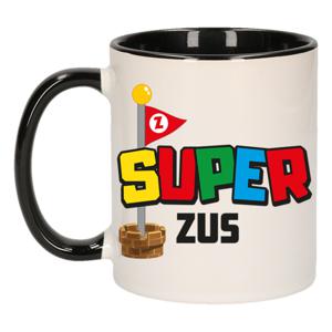 Cadeau koffie/thee mok voor zus - zwart - super zus - keramiek - 300 ml