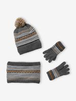 Set muts + snood + handschoenen voor jongens van jacquard tricot grijs - thumbnail