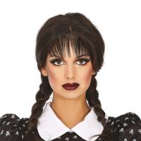 Fiestas Halloween verkleedpruik - lang haar - zwart - dames - Wednesday - vlechten - thumbnail