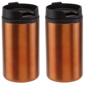 Thermosbeker/warmhoudbeker Koffie To Go - 2x - metallic oranje - 290 ml - dubbelwandig - met schroef