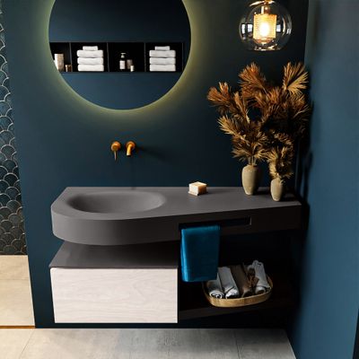 MONDIAZ RIVA 120cm badmeubel onderkast / planchet kleur Underlayment met 1 lade. Wastafel DULCET links 0 kraangaten kleur Dark_Grey.