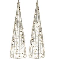 Set van 2x stuks kerstverlichting figuren Led kegel kerstboom lamp 60 cm goud op batterijen met time - thumbnail