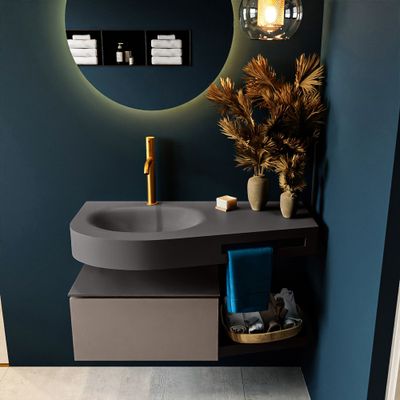 MONDIAZ RIVA 100cm badmeubel onderkast / planchet kleur Smoke met 1 lade. Wastafel DULCET links 1 kraangat kleur Dark_Grey. MONDIAZ RIVA 100cm badmeubel onderkast / planchet kleur Smoke met 1 lade. Wastafel DULCET links 1 kraangat kleur Dark_Grey.