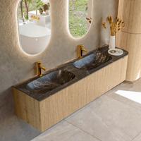 Badmeubel Mondiaz Kurve-Dlux | 175 cm | Meubelkleur Oak | Wastafelkleur Lava | Solid surface | Dubbele spoelbak | 2 kraangaten