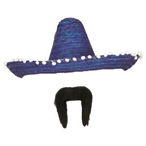 Carnaval verkleed set - Mexicaanse sombrero hoed met plaksnor - blauw - heren