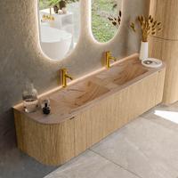 Badmeubel Mondiaz Kurve-Dlux | 170 cm | Meubelkleur Oak | Wastafelkleur Arena | Solid surface | Wasbak beide zijden spoelbak | 2 kraangaten