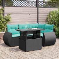 5-delige Loungeset met kussens poly rattan acacia zwart