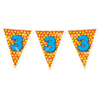 Verjaardag 3 jaar thema Vlaggetjes - Feestversiering - 10m - Folie - Dubbelzijdig