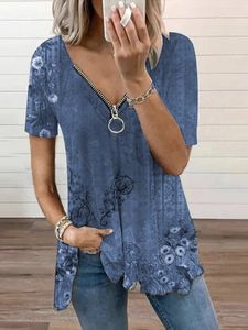 Zipper Floral V Neck Casual T-Shirt