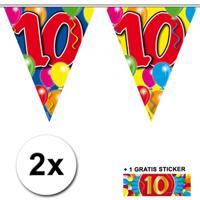 Leeftijd versiering - 2x vlaggenlijnen 10 jaar - met gratis sticker - feestartikelen - verjaardag