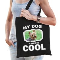 Katoenen tasje my dog is serious cool zwart - Yorkshire terrier honden cadeau tas - thumbnail