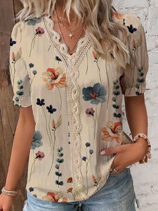 V Neck Casual Floral Lace Shirt