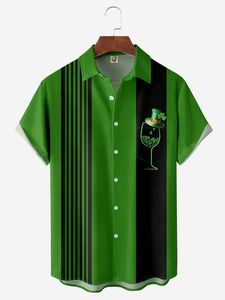 Clover Wine Glass Chest Pocket Short Sleeve Bowling Shirt