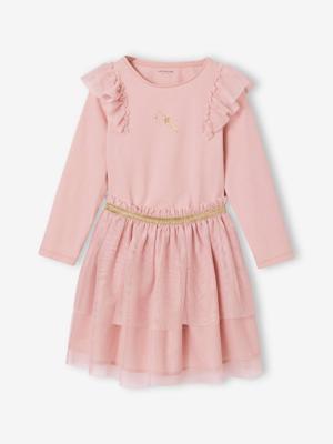 Kerst set voor meisjes, rok met tule en t-shirt met ruches roze (poederkleur)