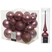 Kerstversiering kunststof kerstballen met piek oud roze 6-8-10 cm pakket van 27x stuks - Kerstbal - thumbnail