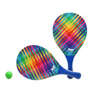 Beachball set Stripes - hout - blauw mix - strand tennis speelset - kinderen/volwassenen