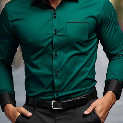 Bon&Bon Men's Khaki Casual Shirt - Long Sleeve Colorblock Polyester Dark Green / S