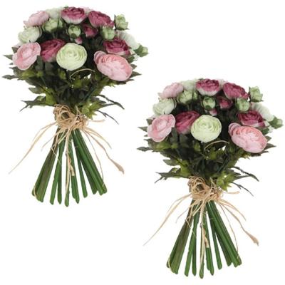 Mica Decorations Boeket - 2x stuks - kunstbloemen - roze/wit - Ranunculus/ranonkel kunstbloemen - 35