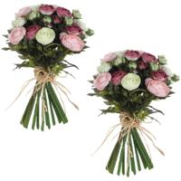 Mica Decorations Boeket - 2x stuks - kunstbloemen - roze/wit - Ranunculus/ranonkel kunstbloemen - 35
