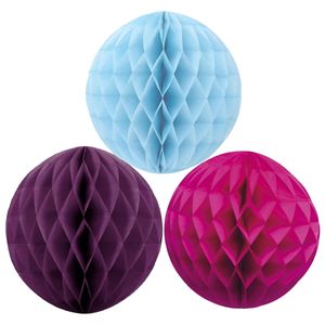 Kerstversiering set van 3x papieren kerstballen 10 cm lichtblauw aubergine en fuchsia roze