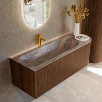 Badmeubel Mondiaz Kurve-Dlux | 125 cm | Meubelkleur Walnut | Wastafelkleur Oza | Solid surface | Wasbak linker zijde spoelbak | 1 kraangat