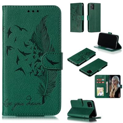 Feather patroon Litchi textuur horizontale Flip lederen draagtas met portemonnee & houder & kaartsleuven voor iPhone 11 (groen)