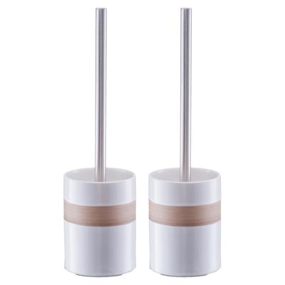 WC/Toiletborstel in houder keramiek - 2x stuks - wit met beige band - 9 x 33 cm