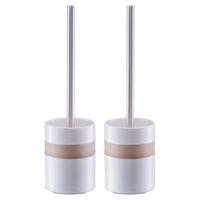 WC/Toiletborstel in houder keramiek - 2x stuks - wit met beige band - 9 x 33 cm