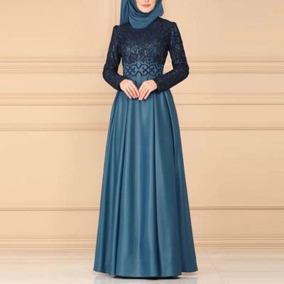 Lace stiksels retro grote Swing jurk etnische stijl lange mouwen slanke jurk maat: L (blauw)