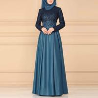 Lace stiksels retro grote Swing jurk etnische stijl lange mouwen slanke jurk maat: L (blauw)
