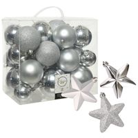 Pakket 32x stuks kunststof kerstballen en sterren ornamenten zilver - Kerstbal - thumbnail