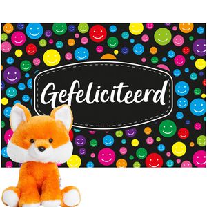 Keel Toys oranje pluche Vos knuffel 14 cm met Gefeliciteerd A5 wenskaart - Knuffel bosdieren