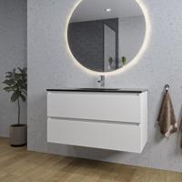 Saniclass Chaci Badkamermeubelset - 100x46x55cm - keramische wastafel zwart - 1 wasbak - 1 kraangat - 2 lades - ronde spiegel met verlichting - mat wit SW1212771/SW761656/SW161922