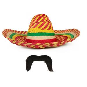 Carnaval verkleed set - Mexicaanse sombrero hoed met plaksnor - gekleurd - heren