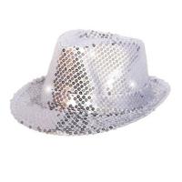 Carnaval verkleed party hoedje - zilver - trilbey hoedje - pailletten - met LED licht