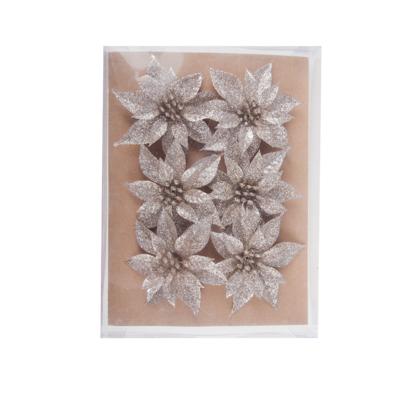 Decoratie rozen bloemen - 6x st - champagne - glitter - op clip - 8 cm - kerstversiering
