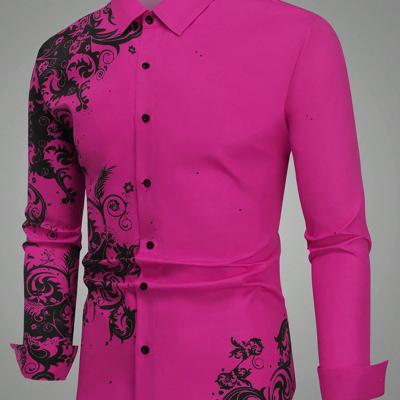 Bon&Bon LEGND Men's Yellow Floral Print Long Sleeve Casual Shirt Hot Pink / XXL