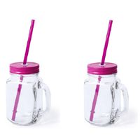 2x stuks glazen Mason Jar drinkbekers roze dop en rietje 500 ml