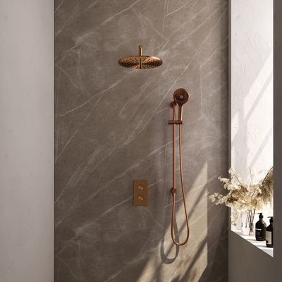 Inbouw Regendouche Set Brauer Copper Edition Gebogen Wanduitloop Ronde Hoofddouche 30 cm Met Glijstang en Handdouche 3 Standen Koper Brauer