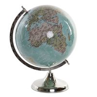 Decoratie wereldbol/globe blauw op ijzeren voet 30 x 41 cm