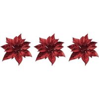 3x Kerstversieringen kerststerren bloemen rood op clip - Kersthangers - thumbnail