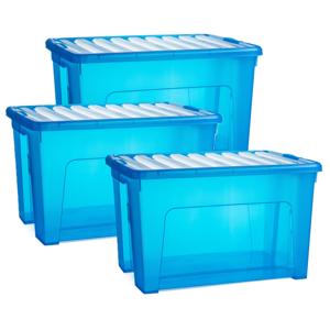 Opslagbox met deksel - 3x - transparant blauw - 47 liter - 54 x 38 x 32 cm - kunststof