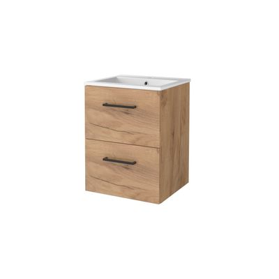 Badmeubelset BWS Salt 50x46cm Met Grepen 2 Lades Met Wastafel 1 Kraangat Whisky Oak