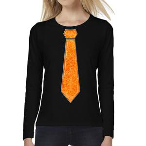 Verkleed shirt voor dames - stropdas oranje - zwart - carnaval - foute party - longsleeve