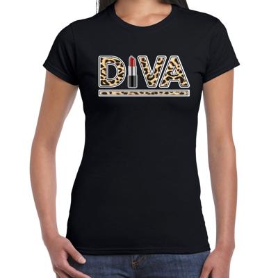 Diva lipstick fun - tekst t-shirt - voor dames - zwart - panter print - foute party