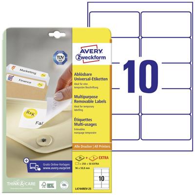 Avery-Zweckform L4744REV-25 96 x 50.8 mm Papier Wit 300 stuk(s) Weer verwijderbaar Universele etiketten Inkt, Laser, Kopie 30 vel DIN A4