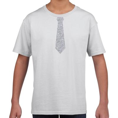 Verkleedkleding t-shirt - wit - met kleine Stropdas - zilver glitters - kinderen - carnaval