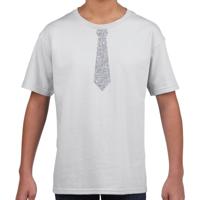 Verkleedkleding t-shirt - wit - met kleine Stropdas - zilver glitters - kinderen - carnaval