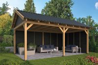 Lariks/Douglas Overkapping Hamar L type 2 zwart 478x395 cm- Zadeldak- Onbehandeld lariks Douglas hout- Tuindeco